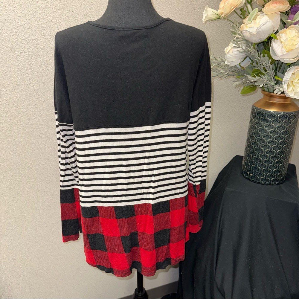 Zenana L Colorblock Stripe Plaid Tunic Top Black Red Long Sleeve - Picture 3 of 8